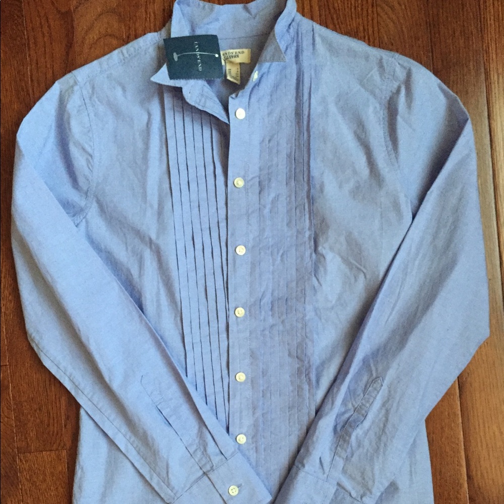 Lands End Parisian Blue Tuxedo Style Cotton Blouse